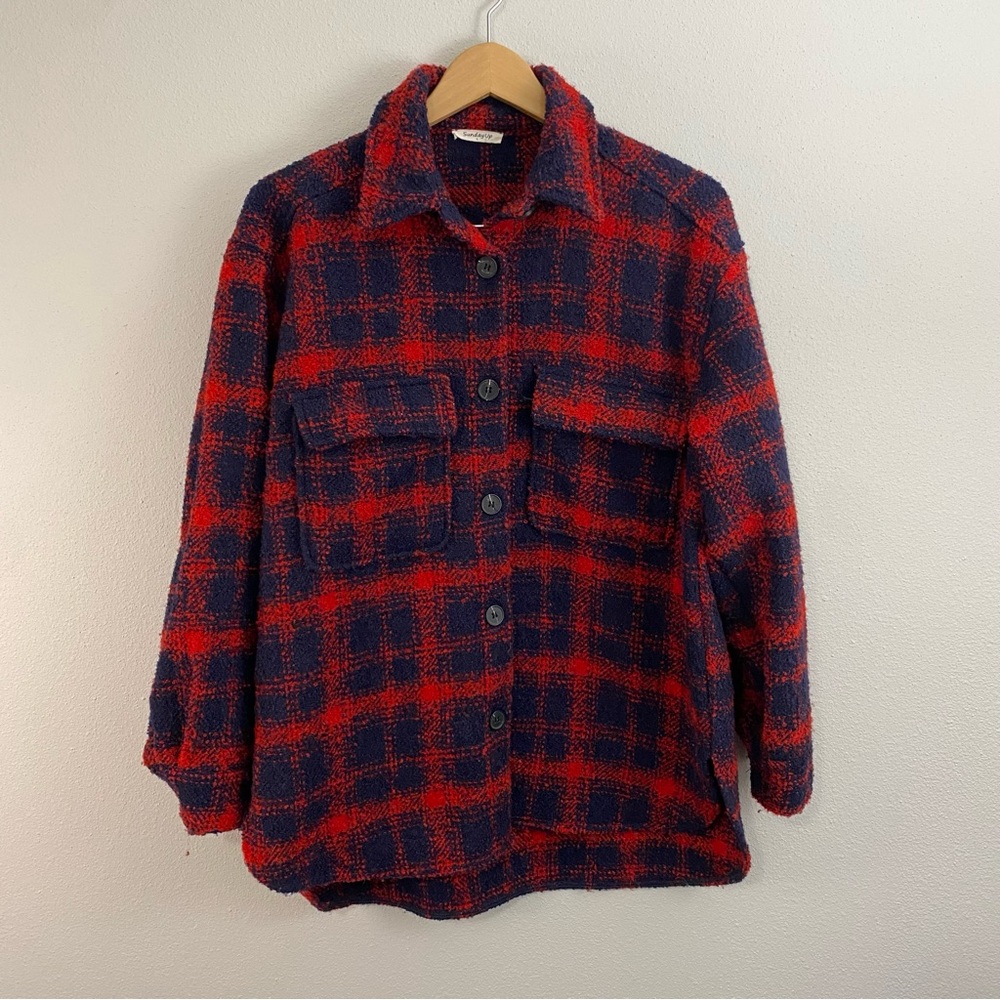 Sunday Up Tweed Red and Blue Button Up Coat Women’s‎ Large